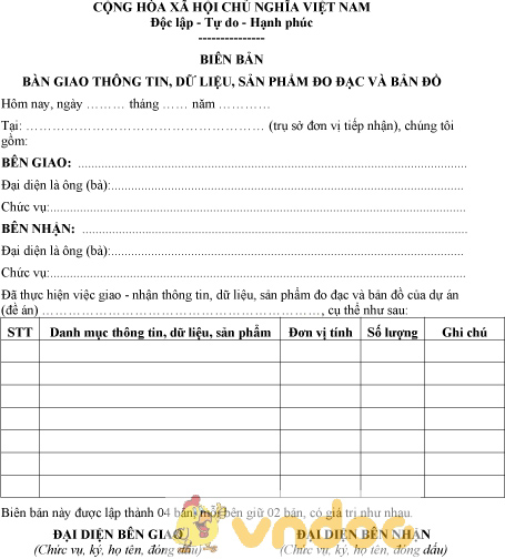 Mẫu biên bản bàn giao thông tin, dữ liệu, sản phẩm đo đạc và bản đồ