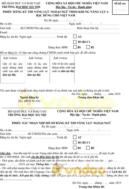 Mẫu phiếu đăng ký thi năng lực ngoại ngữ theo khung năng lực 6 bậc dùng cho Việt Nam
