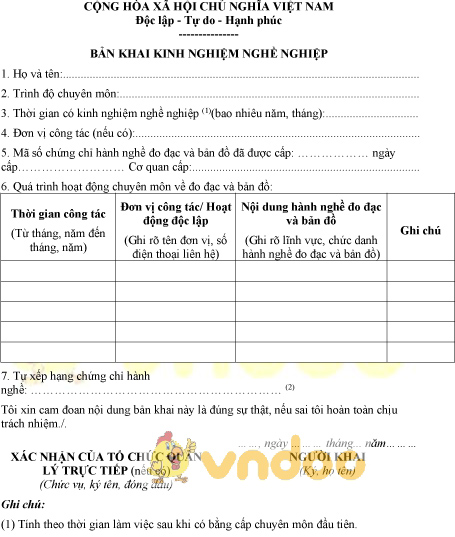 Mẫu bản khai kinh nghiệm nghề nghiệp