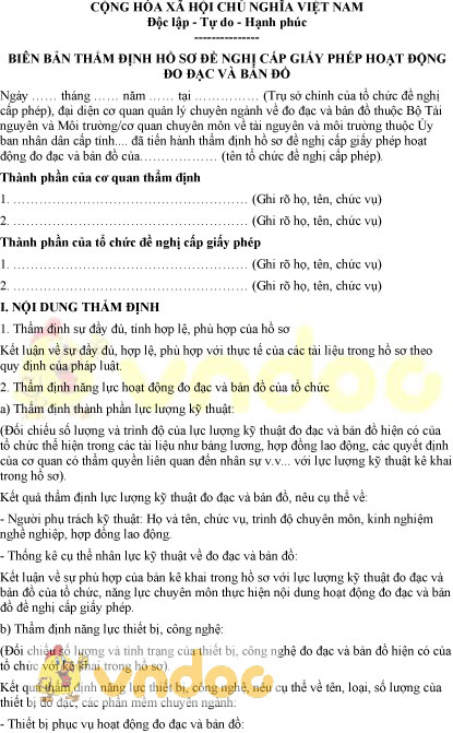 Mẫu biên bản thẩm định hồ sơ đề nghị cấp giấy phép hoạt động đo đạc và bản đồ