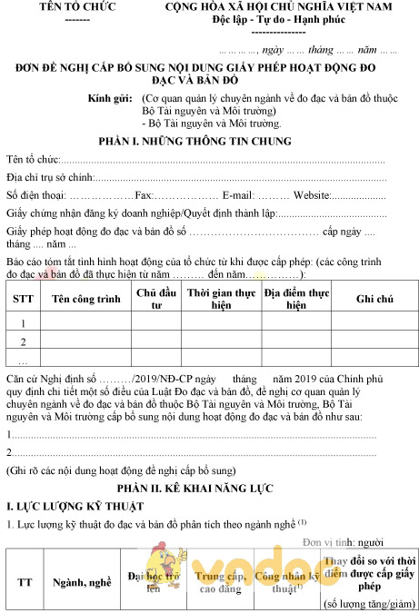 Mẫu đơn đề nghị cấp bổ sung nội dung giấp phép hoạt động đo đạc và bản đồ