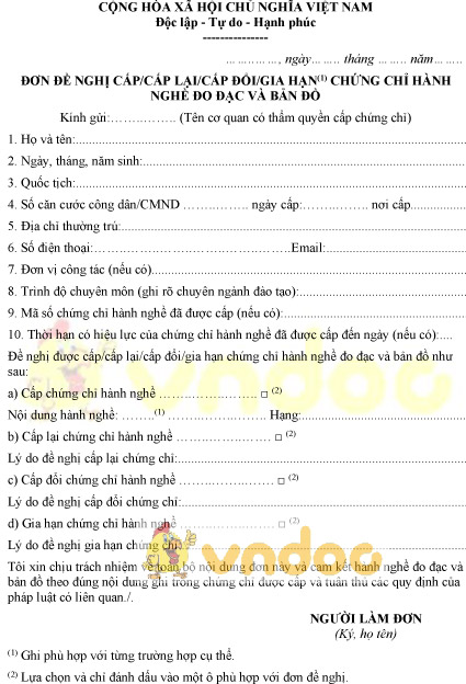 Mẫu đơn đề nghị cấp, cấp lại, cấp đổi, gia hạn chứng chỉ hành nghề đo đạc và bản đồ