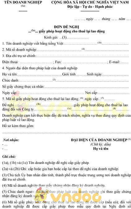 Mẫu đơn đề nghị cấp giấy phép hoạt động cho thuê lại lao động