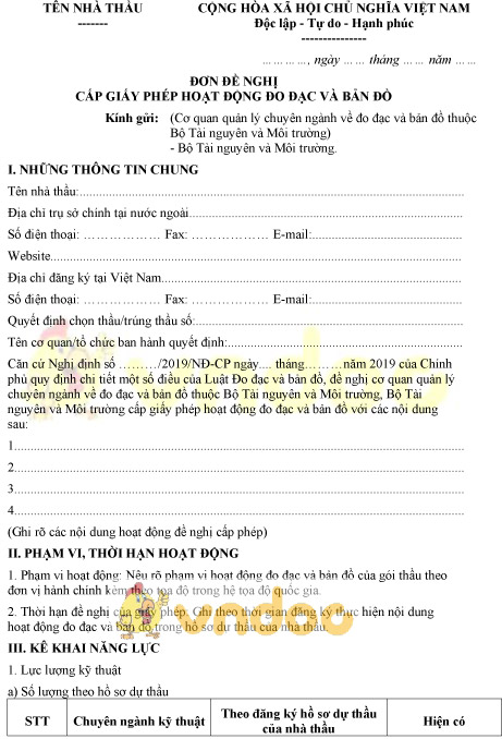 Mẫu đơn đề nghị cấp giấy phép hoạt động đo đạc và bản đồ cho nhà thầu