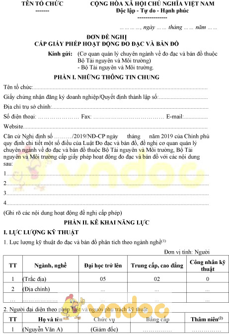Mẫu đơn đề nghị cấp giấy phép hoạt động đo đạc và bản đồ cho tổ chức trong nước