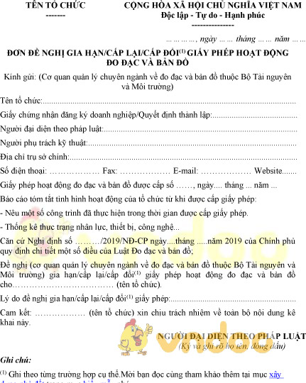 Mẫu đơn đề nghị gia hạn, cấp lại, cấp đổi giấy phép hoạt động đo đạc và bản đồ