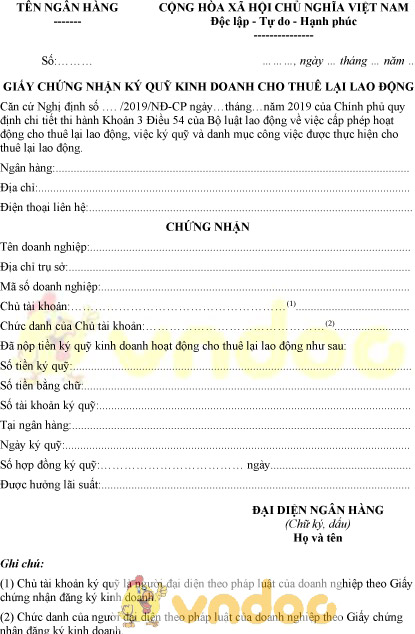 Mẫu giấy chứng nhận ký quỹ kinh doanh cho thuê lại lao động