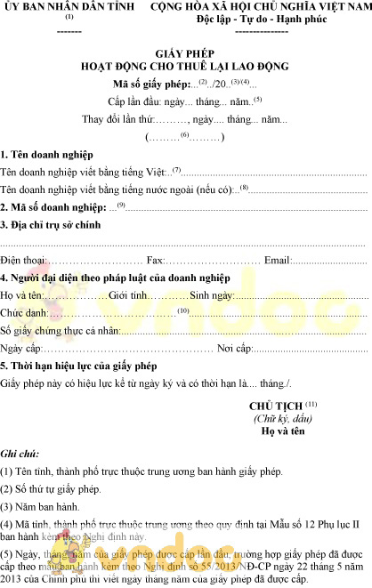 Mẫu giấy phép hoạt động cho thuê lại lao động