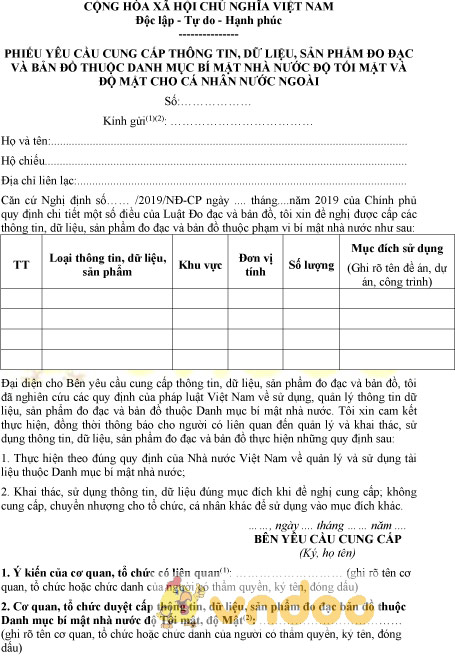 Mẫu phiếu yêu cầu cung cấp thông tin, dữ liệu, sản phẩm đo đạc cho cá nhân nước ngoài