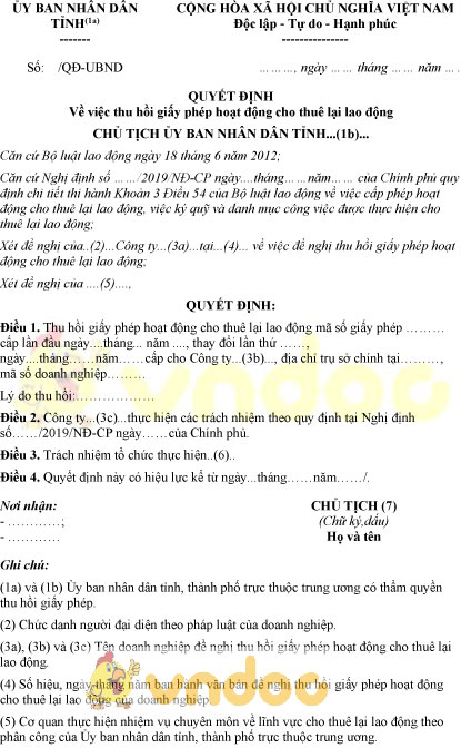 Mẫu quyết định thu hồi giấy phép hoạt động cho thuê lại lao động