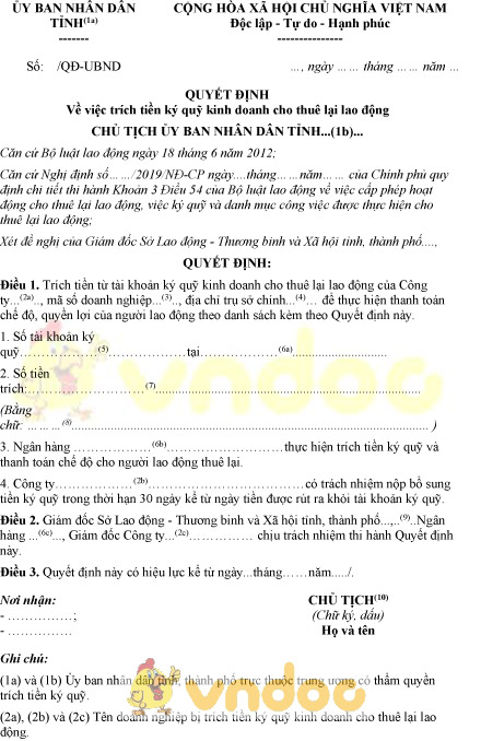 Mẫu quyết định trích tiền ký quỹ kinh doanh cho thuê lại lao động