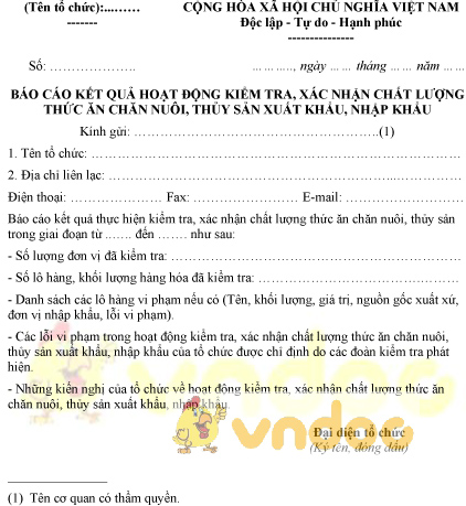 Mẫu báo cáo kết quả hoạt động kiểm tra, xác nhận chất lượng thức ăn chăn nuôi, thủy sản