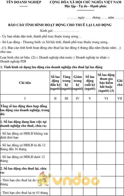 Mẫu báo cáo tình hình hoạt động cho thuê lại lao động