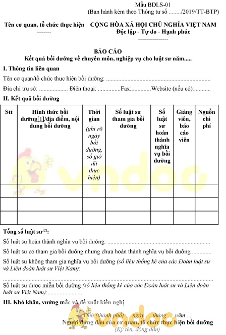 Mẫu BDLS-01: Báo cáo kết quả bồi dưỡng về chuyên môn, nghiệp vụ cho luật sư