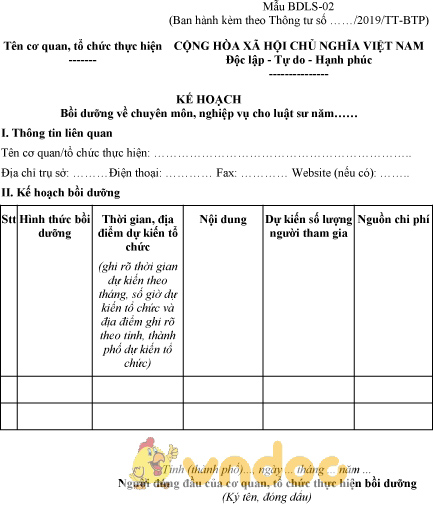 Mẫu BDLS-02: Kế hoạch bồi dưỡng về chuyên môn, nghiệp vụ cho luật sư