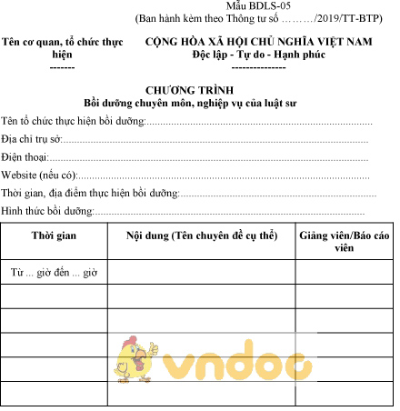 Mẫu BDLS-05: Chương trình bồi dưỡng chuyên môn, nghiệp vụ của luật sư
