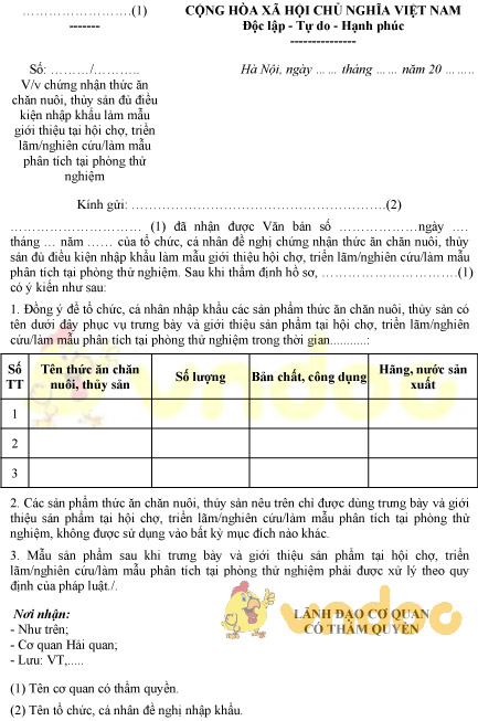 Mẫu chứng nhận thức ăn chăn nuôi, thủy sản đủ điều kiện nhập khẩu