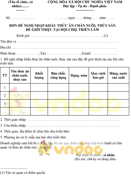 Mẫu đơn đề nghị nhập khẩu thức ăn chăn nuôi, thủy sản