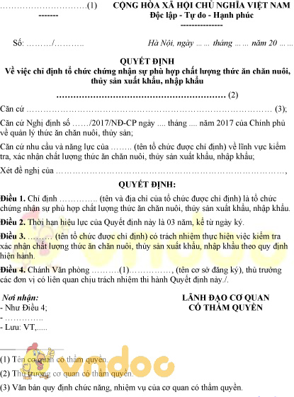 Mẫu quyết định chỉ định tổ chức chứng nhận sự phù hợp chất lượng thức ăn chăn nuôi, thủy sản