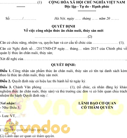Mẫu quyết định công nhận thức ăn chăn nuôi, thủy sản mới