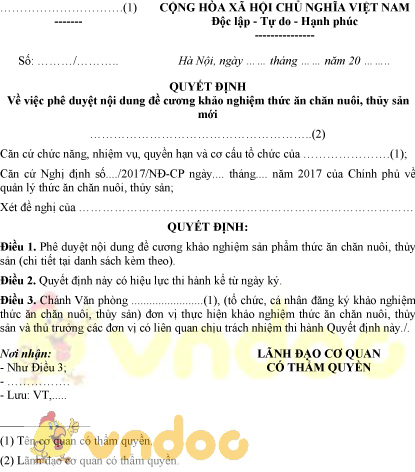 Mẫu quyết định phê duyệt nội dung đề cương khảo nghiệm thức ăn chăn nuôi, thủy sản mới
