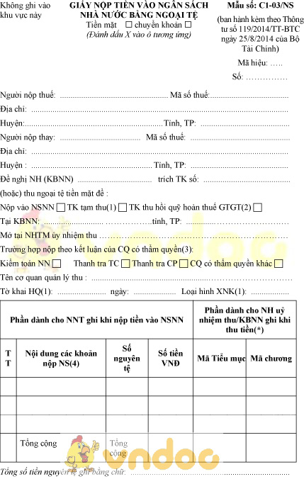 Mẫu số C1-03/NS: Giấy nộp tiền vào ngân sách nhà nước bằng ngoại tệ