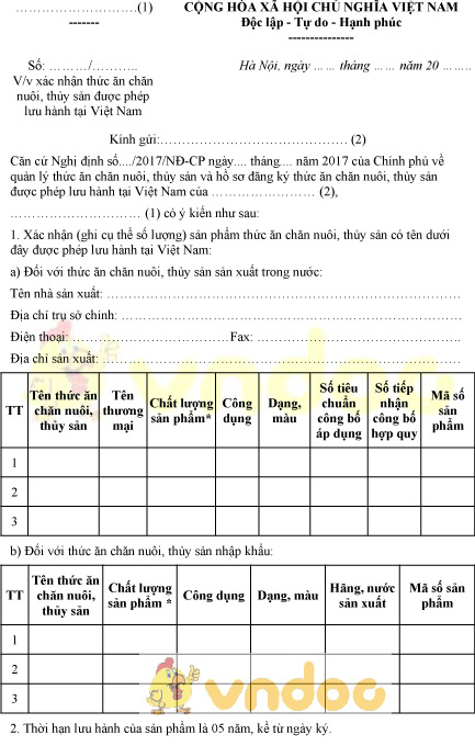 Mẫu xác nhận thức ăn chăn nuôi, thủy sản được phép lưu hành tại Việt Nam