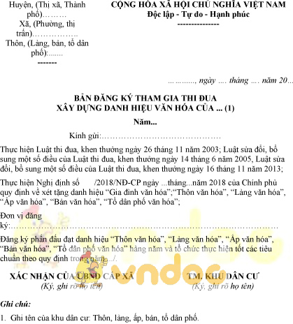 Mẫu bản đăng ký tham gia thi đua xây dựng danh hiệu văn hóa