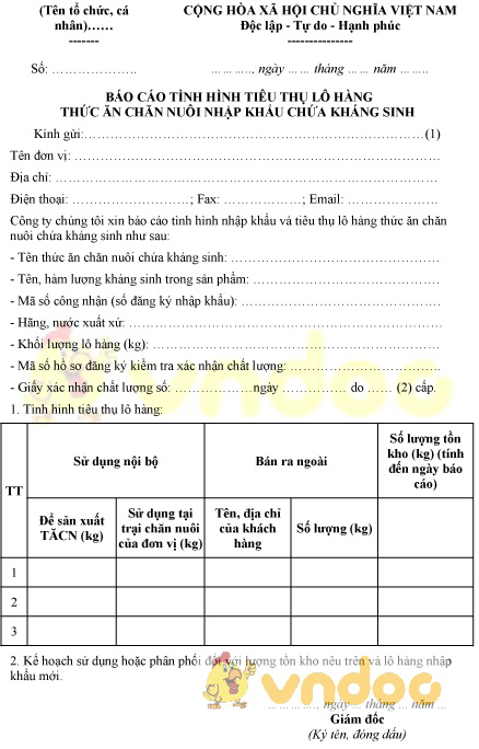 Mẫu báo cáo tình hình tiêu thụ lô hàng thức ăn chăn nuôi nhập khẩu chứa kháng sinh