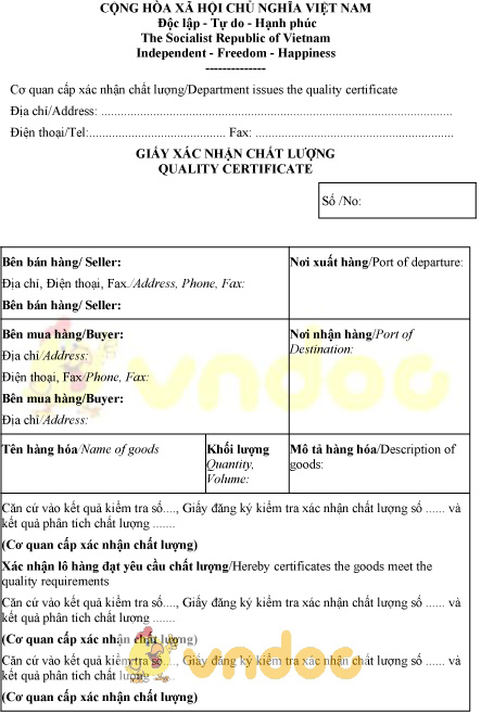 Mẫu giấy xác nhận chất lượng thức ăn