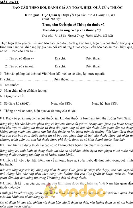 Mẫu 2A/TT: Báo cáo theo dõi, đánh giá an toàn, hiệu quả của thuốc