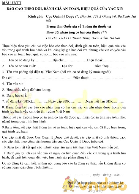 Mẫu 2B/TT: Báo cáo theo dõi, đánh giá an toàn, hiệu quả của vắc xin