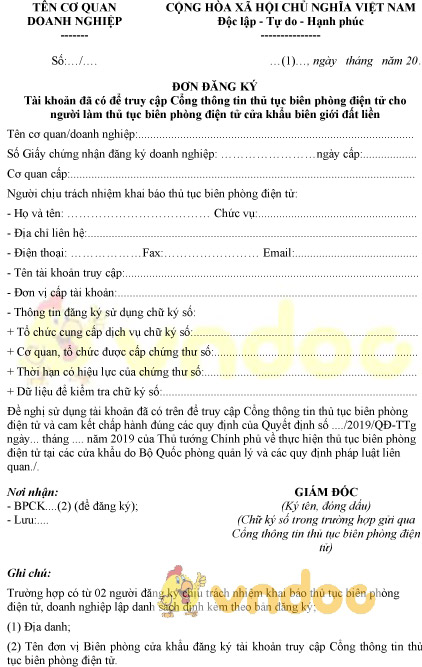 Mẫu đơn đăng ký tài khoản đã có để truy cập cổng thông tin thủ tục biên phòng điện tử