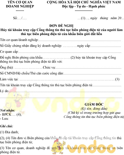 Mẫu đơn đề nghị hủy tài khoản truy cập cổng thông tin thủ tục biên phòng điện tử
