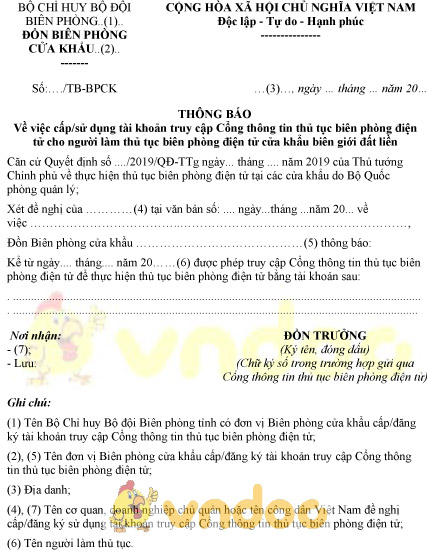 Mẫu thông báo cấp sử dụng tài khoản truy cập cổng thông tin thủ tục biên phòng điện tử