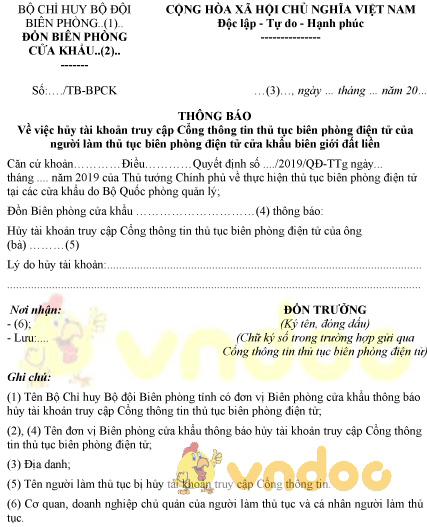 Mẫu thông báo hủy tài khoản truy cập cổng thông tin thủ tục biên phòng điện tử