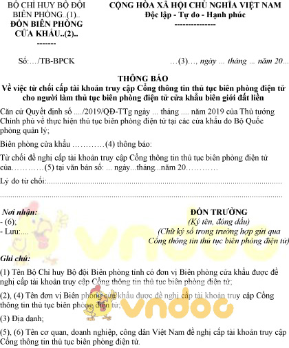 Mẫu thông báo từ chối cấp tài khoản truy cập cổng thông tin thủ tục biên phòng điện tử