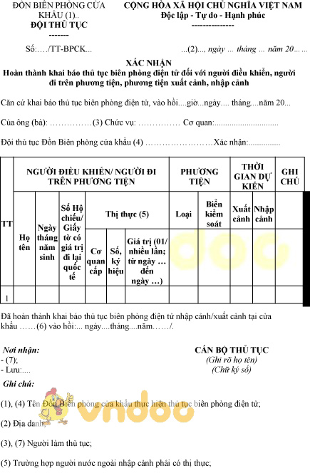 Mẫu xác nhận hoàn thành khai báo thủ tục biên phòng điện tử với người điều khiển phương tiện