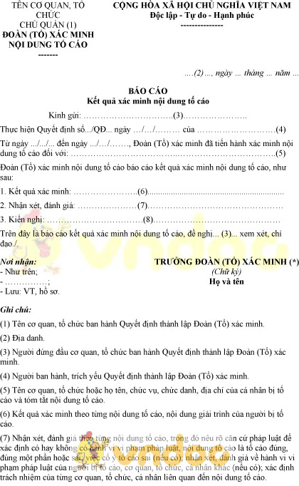 Mẫu báo cáo kết quả xác minh nội dung tố cáo