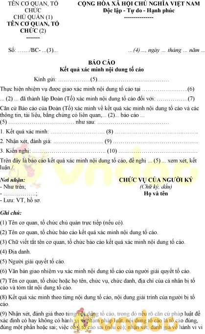 Mẫu báo cáo kết quả xác minh nội dung tố cáo của cơ quan được giao xác minh