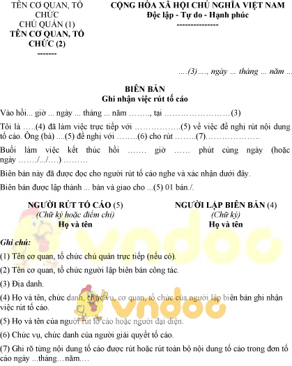 Mẫu biên bản ghi nhận việc rút tố cáo