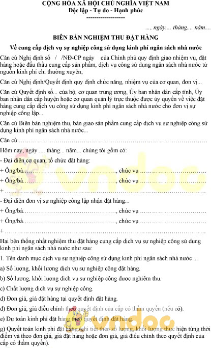 Mẫu biên bản nghiệm thu đặt hàng cung cấp dịch vụ sự nghiệp công
