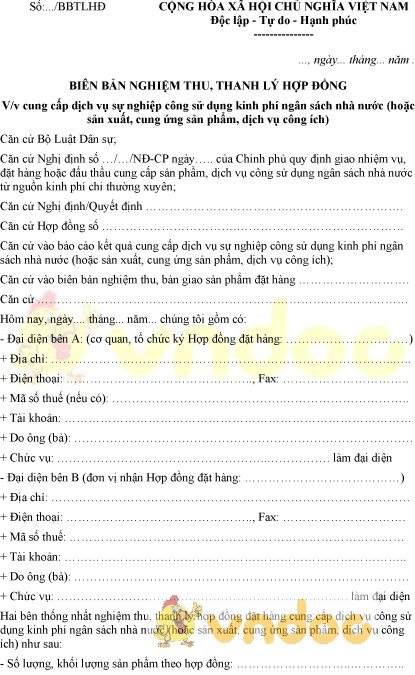 Mẫu biên bản nghiệm thu, thanh lý hợp đồng cung cấp dịch vụ sự nghiệp công