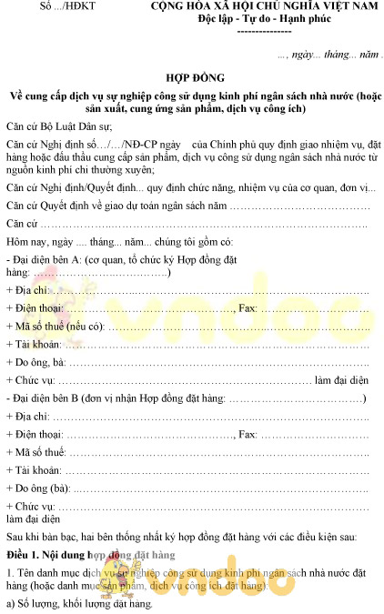 Mẫu hợp đồng cung cấp dịch vụ sự nghiệp công