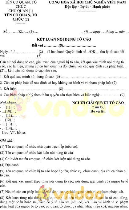 Mẫu kết luận nội dung tố cáo