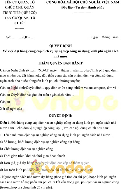Mẫu quyết định đặt hàng cung cấp dịch vụ sự nghiệp công