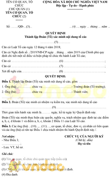 Mẫu quyết định thành lập đoàn tổ xác minh nội dung tố cáo