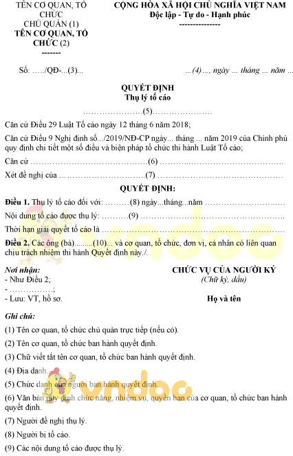 Mẫu quyết định thụ lý tố cáo