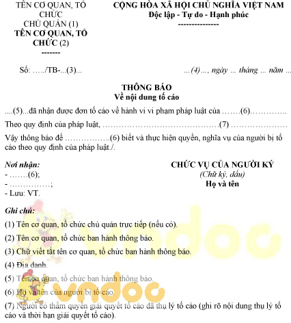 Mẫu thông báo nội dung tố cáo