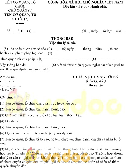 Mẫu thông báo thụ lý tố cáo